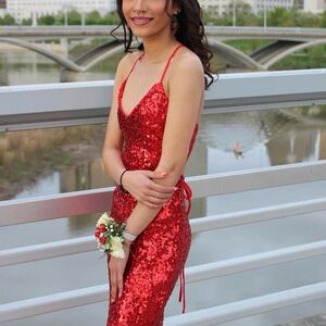 SHEIN Red Sequin Spaghetti-Strap Prom Dress